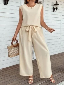 SHEIN LUNE Hơn Chất rắn Áo ba lỗ & Thắt lưng Quần ống rộng - Màu be - Xem 6