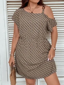 SHEIN LUNE Hơn In Toàn bộ Cổ không đối xứng Đầm - Màu Khaki - Xem 1