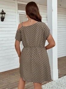 SHEIN LUNE Hơn In Toàn bộ Cổ không đối xứng Đầm - Màu Khaki - Xem 2