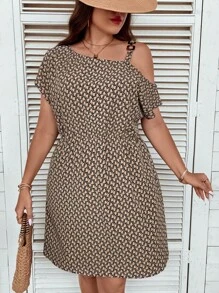 SHEIN LUNE Hơn In Toàn bộ Cổ không đối xứng Đầm - Màu Khaki - Xem 3