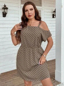 SHEIN LUNE Hơn In Toàn bộ Cổ không đối xứng Đầm - Màu Khaki - Xem 4