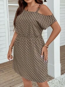 SHEIN LUNE Hơn In Toàn bộ Cổ không đối xứng Đầm - Màu Khaki - Xem 5
