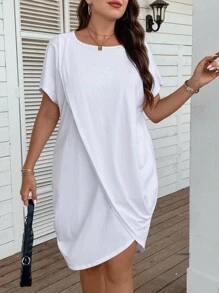SHEIN LUNE Hơn Chất rắn Viền hoa tulip Váy áo thun - trắng - Xem 1