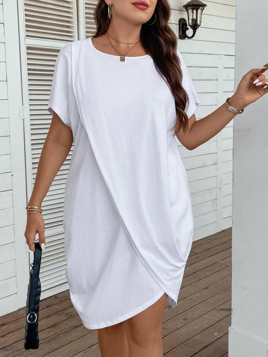 SHEIN LUNE Hơn Chất rắn Viền hoa tulip Váy áo thun - trắng - Xem 1
