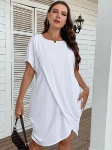 SHEIN LUNE Hơn Chất rắn Viền hoa tulip Váy áo thun - trắng - Xem 3