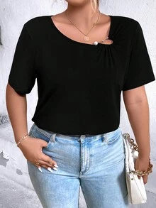 SHEIN Clasi Plus Solid Asymmetrical Neck Tee - Black - View 3