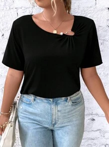 SHEIN Clasi Plus Solid Asymmetrical Neck Tee - Black - View 1