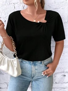 SHEIN Clasi Plus Solid Asymmetrical Neck Tee - Black - View 4