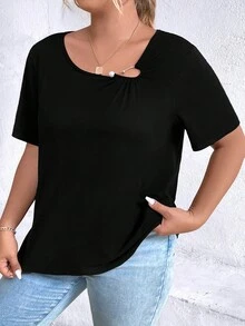 SHEIN Clasi Plus Solid Asymmetrical Neck Tee - Black - View 5