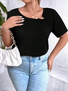 SHEIN Clasi Plus Solid Asymmetrical Neck Tee - Black - View 6