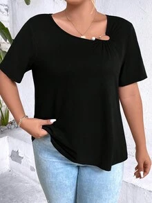 SHEIN Clasi Plus Solid Asymmetrical Neck Tee - Black - View 7