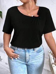 SHEIN Clasi Plus Solid Asymmetrical Neck Tee - Black - View 8