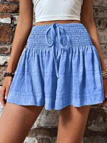 SHEIN LUNE 素色腰部打結打褶裙裤 - 淺藍色 - 查看 1