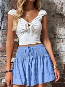 SHEIN LUNE 素色腰部打結打褶裙裤 - 淺藍色 - 查看 5