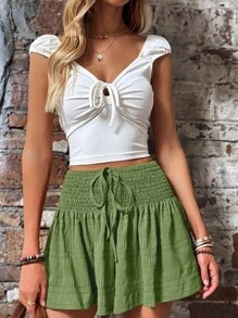 SHEIN LUNE Quần đùi nữ Thắt nút Dải chun Thắt nơ trước màu trơn Giải trí - xanh quân đội - Xem 5