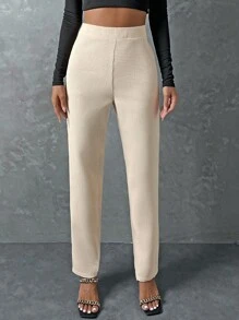 SHEIN Privé 華夫格編織直筒褲 - 杏色 - 查看 4