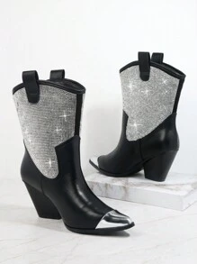 SHUZIA Rhinestone PU Ankle Cowboy Booties - Black - View 2