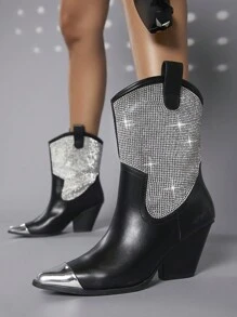 SHUZIA Rhinestone PU Ankle Cowboy Booties - Black - View 4
