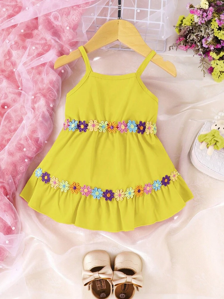 Baby Girl Floral Appliques Ruffle Hem Cami Dress