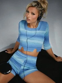 AVEEATION 漸層下擺開叉短款毛衣和針織短褲 - 彩色 - 查看 1