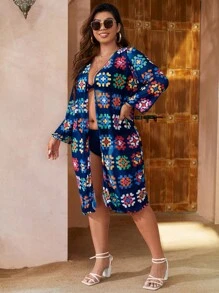 大碼幾何印花開門襟和服罩衫 - 藏蓝色 - 查看 1