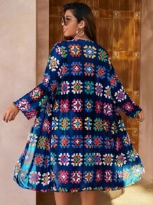 大碼幾何印花開門襟和服罩衫 - 藏蓝色 - 查看 2