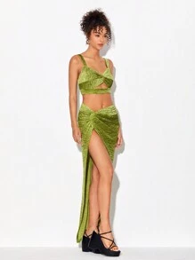 Christian Allana 设计师纯色短款吊带上衣和扭纹前开衩大腿裙，适合度假 - 青檸色 - 查看 3