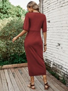 SHEIN LUNE Đầm xoắn lại Tách cao màu trơn Giải trí - Rỉ Nâu - Xem 2