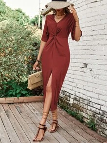 SHEIN LUNE Đầm xoắn lại Tách cao màu trơn Giải trí - Rỉ Nâu - Xem 3