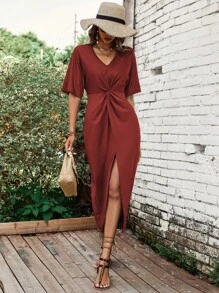 SHEIN LUNE Đầm xoắn lại Tách cao màu trơn Giải trí - Rỉ Nâu - Xem 4