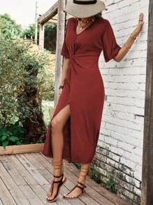 SHEIN LUNE Đầm xoắn lại Tách cao màu trơn Giải trí - Rỉ Nâu - Xem 6