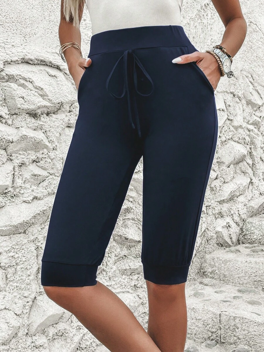 SHEIN LUNE Quần đùi nữ Thắt nút Túi màu trơn Giải trí - Màu xanh hải quân - Xem 1