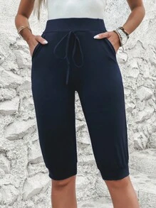 SHEIN LUNE Quần đùi nữ Thắt nút Túi màu trơn Giải trí - Màu xanh hải quân - Xem 3