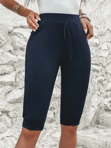 SHEIN LUNE Quần đùi nữ Thắt nút Túi màu trơn Giải trí - Màu xanh hải quân - Xem 6