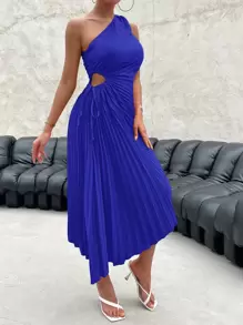 Firerie 單肩百褶下擺腰部鏤空連衣裙 - 寶藍色 - 查看 4