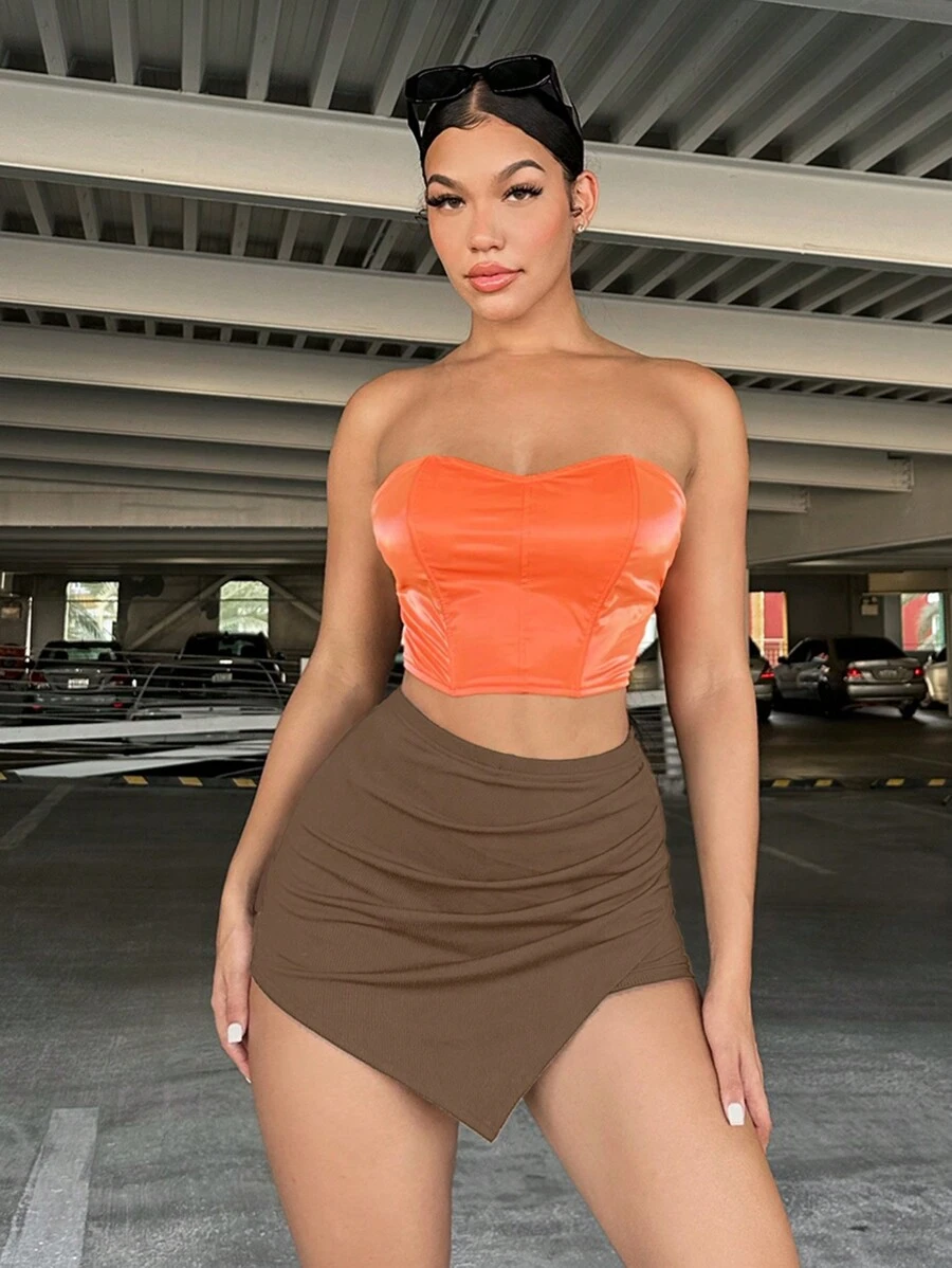 SHEIN SXY Chất rắn Viền ven Viền không đối xứng Váy quần - màu nâu - Xem 1