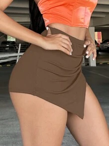 SHEIN SXY Solid Ruched Side Asymmetrical Hem Skort - Brown - View 6