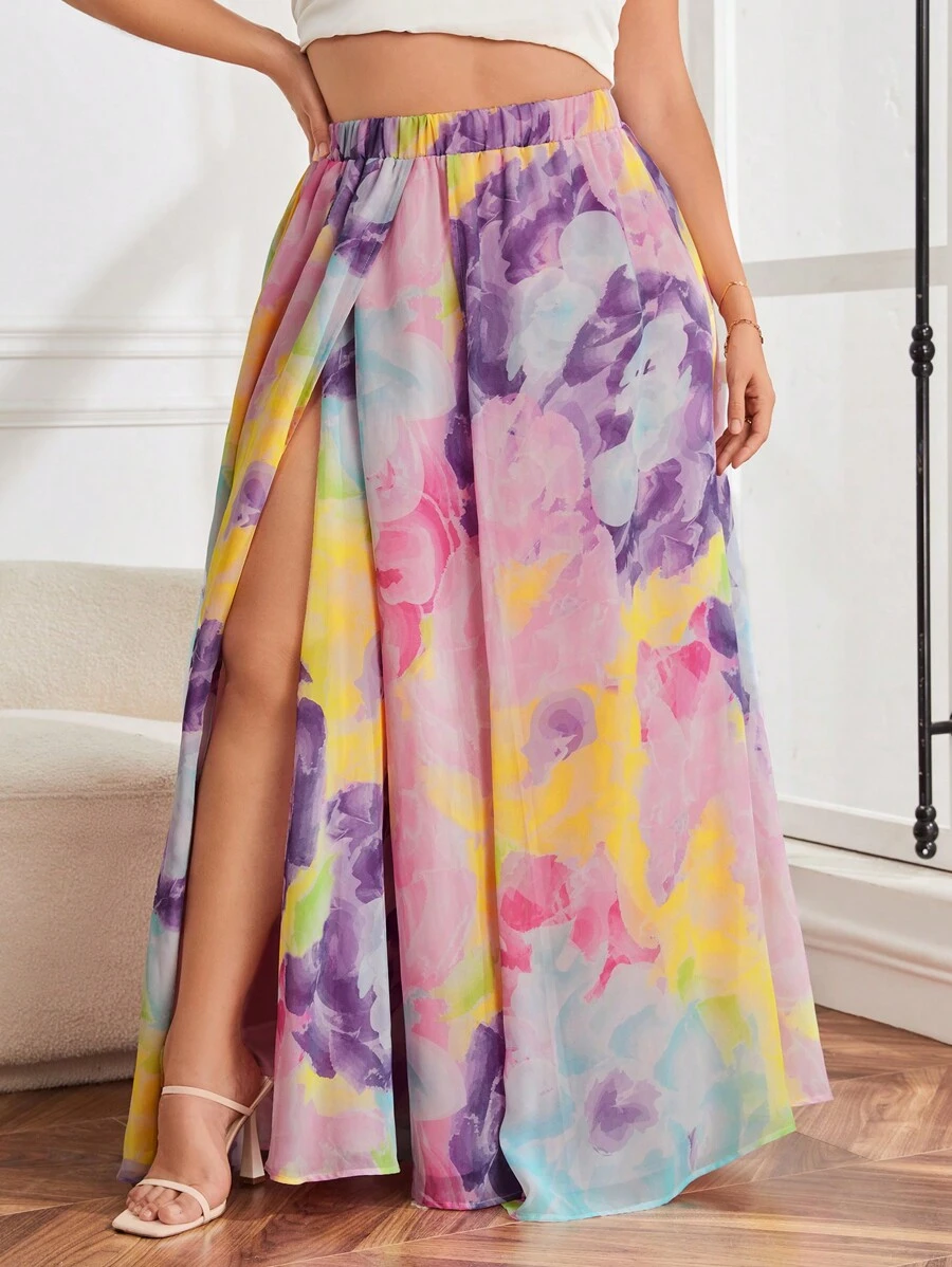 Mindsi Váy Plus Size Tách cao Hoa Tất cả trên in Thanh lịch - Nhiều màu - Xem 1