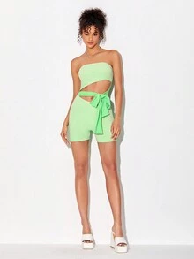 VainThreads 鏤空前繫帶抹胸連體短褲 - 青檸色 - 查看 4