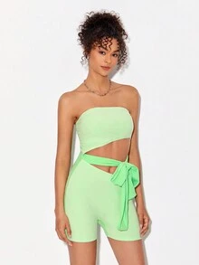 VainThreads 鏤空前繫帶抹胸連體短褲 - 青檸色 - 查看 5