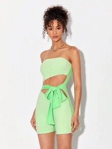 VainThreads 鏤空前繫帶抹胸連體短褲 - 青檸色 - 查看 6