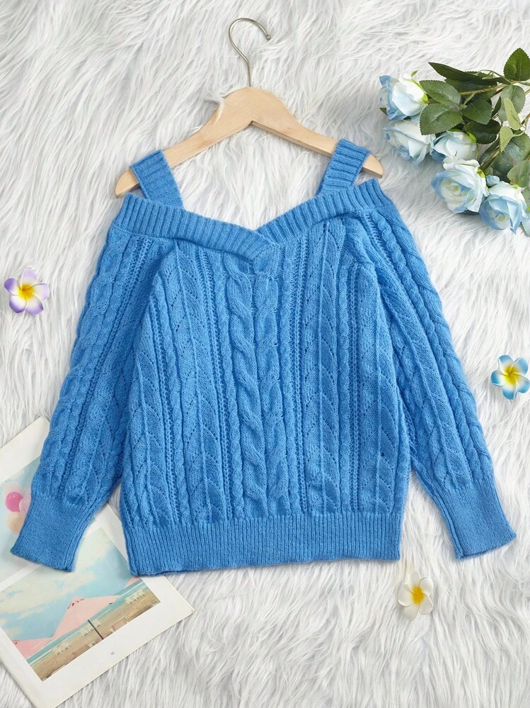 SHEIN Tween Girl Cold Shoulder Cable Knit Sweater - Blue - View 2