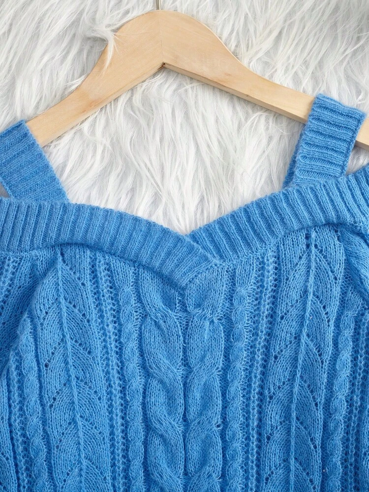 SHEIN Tween Girl Cold Shoulder Cable Knit Sweater - Blue - View 3
