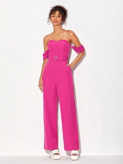 ODELIAR 一字肩腰帶闊腿連體褲