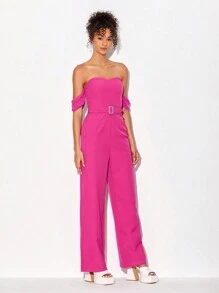 ODELIAR 一字肩腰帶闊腿連體褲 - 玫紅色 - 查看 3