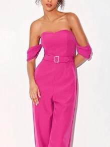 ODELIAR 一字肩腰帶闊腿連體褲 - 玫紅色 - 查看 4