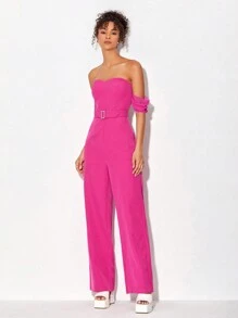 ODELIAR 一字肩腰帶闊腿連體褲 - 玫紅色 - 查看 5