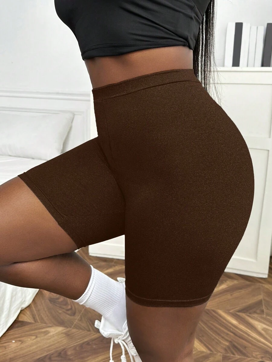 Slaydiva Chất rắn Cao eo Quần short đi xe - màu nâu - Xem 1