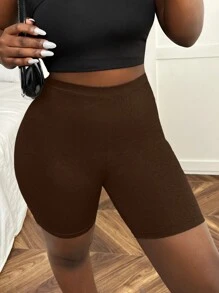 Slaydiva Chất rắn Cao eo Quần short đi xe - màu nâu - Xem 4