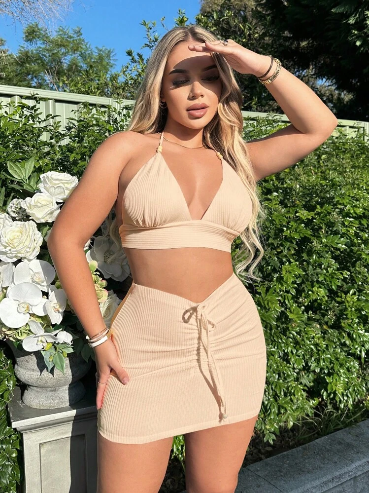 SHEIN SXY Top halter sin espalda con lazo y falda ajustada al frente fruncida - Albaricoque - Añade 4